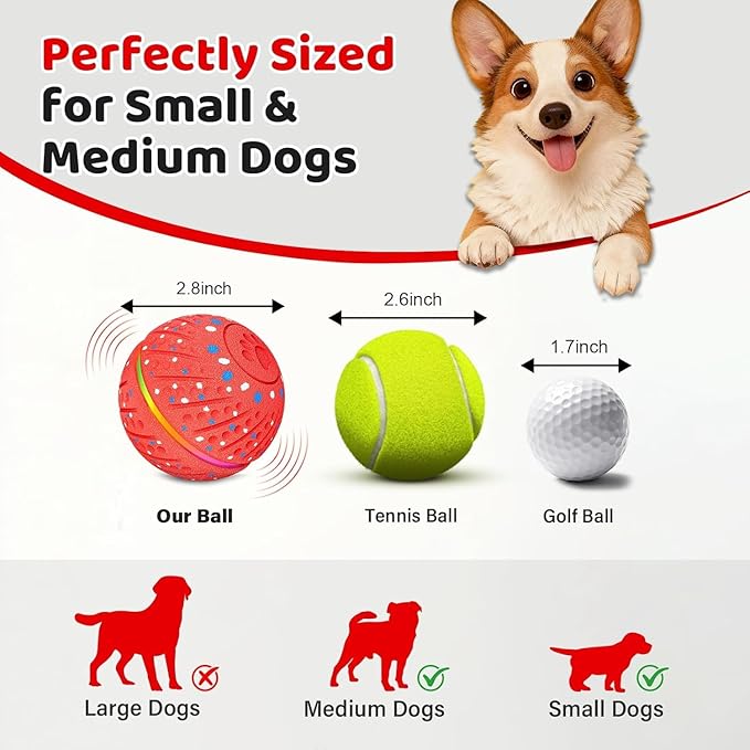 Interactive Dog Toys Dog Ball – 3 Play Modes Smart Moving Bouncing Dogs Ball, E-TPU with RGB Lights, Automatic Rolling Dog Toy for Small Medium Dogs to Keep Them Busy and Boredom Relief (Red)