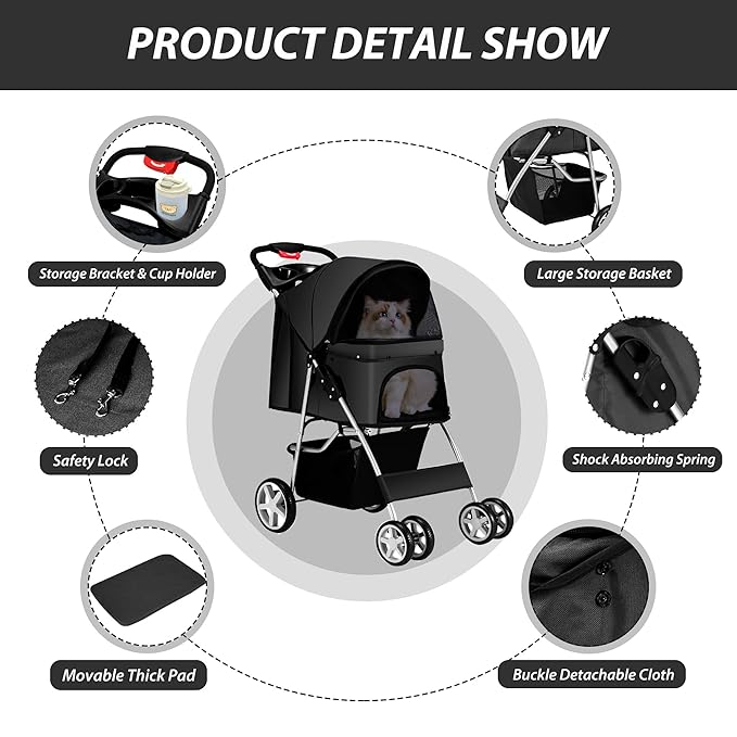 Unisakey 4 Wheels Pet Stroller for Small Medium Dogs Cats 10-33 lbs, Foldable Dog and Cat Stroller with Cup Holder & Storage Basket & Breathable Mesh, Pet Strolling Cart for All-Season, Black