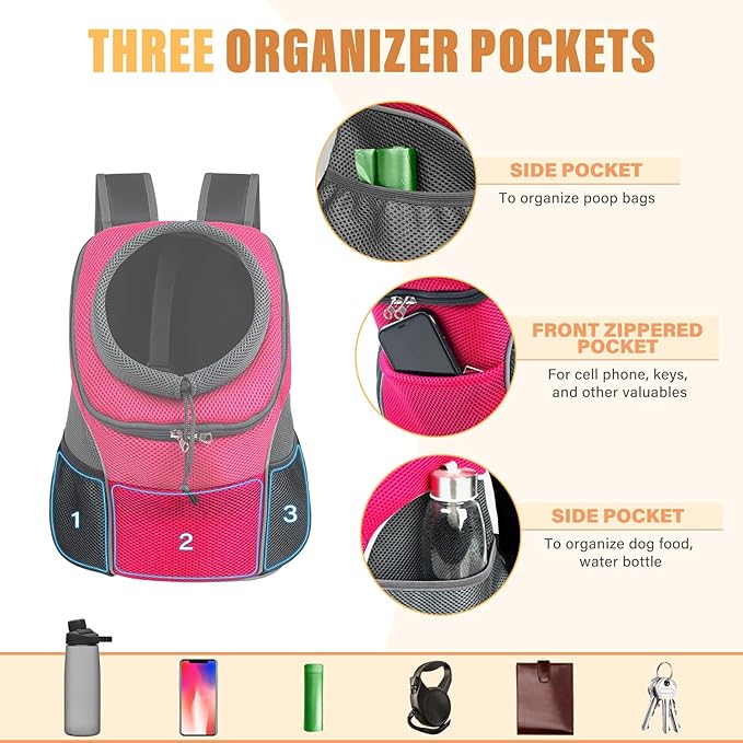YUDODO 9-14lbs Dog Front Carrier Backpack, Adjustable Breathable Pet Carrier for Small Dogs, Ventilated Puppy Back Pack with Safety Belt, Lightweight Doggy Backpack for Hiking Outdoor (Rose, L)
