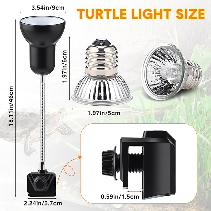 3 Set Reptile Heat Lamp UVB UVA 50W, 360° Clip for Turtle Aquarium | Adjustable Gooseneck Basking Light with Full Spectrum Bulb, Swivel Clip Mount, Ideal for Snake Amphibian Terrarium Heat