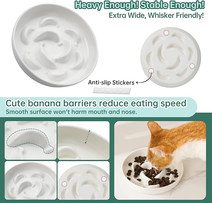 Ceramic Cat Slow Feeder Bowl - 6.3'' Wide Opening Whisker Friendly Cat Plate for Dry and Wet Food - Cute Maze Feeder Dish Helps Reduce Vomiting - Microwave and Dishwasher Safe - White