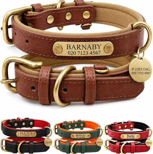 Leather Dog Collar Personalised and Leash Set, Personalized with Soft Padded Design Heavy Duty Featuring Custom Engraved Name Plate for Small Medium and Large Dogs