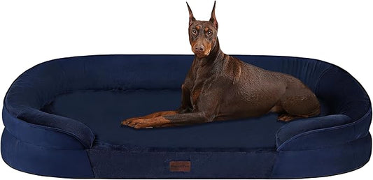 Dwanton Orthopedic Dog Bed for Extra Extra Large Dogs with Gel Memory Foam, Waterproof Dog Sofa, Washable Pet Bed with Four Sided Bolster Cushion, Removable Cover & Non-Slip Bottom, 48", Navy Blue