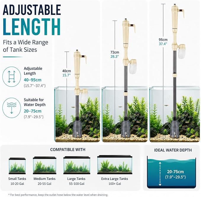 ORIXA 6-in-1 Electric Aquarium Gravel Cleaner & Water Changer, Fish Tank Vacuum with 520 L/H Powered Suction, Dual Power, Filter Bag, Adjustable 40–95 cm Tube & 90° Cleaning Head
