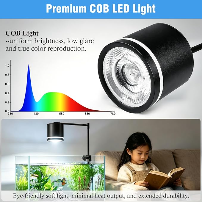 HITOP Clip-On Aquarium Spotlight for 30-55cm Reef/Freshwater Tanks, Fish Tank Light with COB LED, White & Blue Color, Auto Mode &Timer, Adjustable Height & Angle
