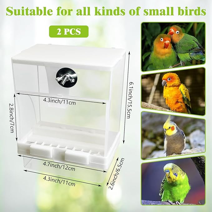 Tfwadmx No Mess Automatic Bird Feeders Cockatiel Food Dispenser Bowls Seed Container Parrot Dishes Parakeet Cage Accessories Birdfeeder with Divider for Canary Finch Conure Lovebirds 2Pcs