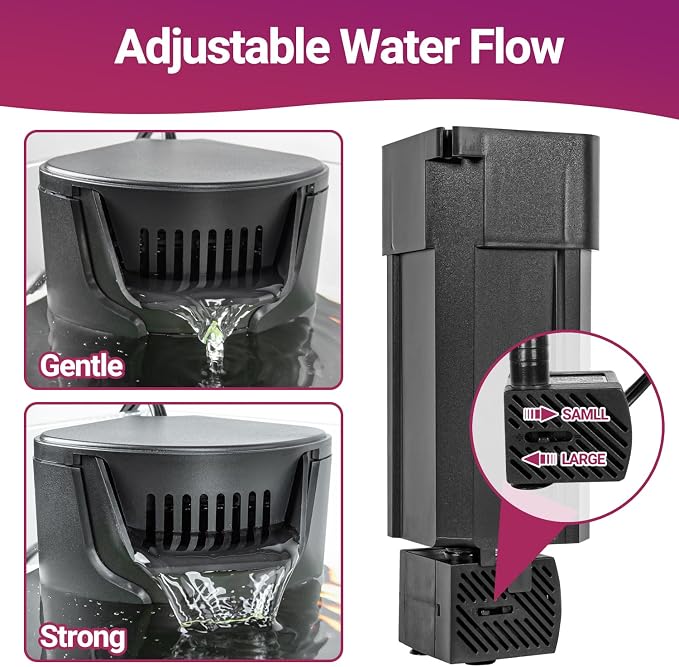 Yaubay Quiet Internal Aquarium Filter, 3-Stage Bio Filtration Low-Level Waterfall 5W Power Fish Tank Filter with Protective Grate for Up to 20 Gallon Betta Turtle Shrimp Tank, 90GPH (Filter)