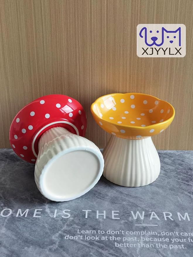 Elevated Mushroom Cat Bowls Ceramic 2 Pack, Raised Cat Bowl for Indoor Cats, Cute Whisker Fatigue Cat Bowl, Raised Dog Bowl Stand for Food and Water, Red+Yellow 6" Wide for Adult Cats