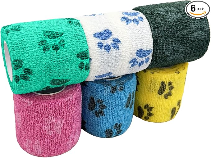 Self Adhesive Bandage Wrap, Cohesive Tape for Grip Wrap & Handle Support, Paw Design, 6 Rolls, 2 Inch, Blue Lagoon