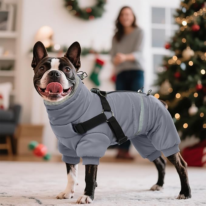 BRKURLEG Grey Dog Winter Coat, Cozy Winter Dog Jackets, Small Dogs Coat with Harness, Onesie Body Warm Puppy Jacket, Pet Reflective Windproof Cold Weather Jackets, Puppy Four-Legged Puffer Coats, L