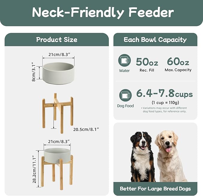 Havniva Ceramic 8.2inch Raised Dog Bowl Set, Elevated Feeder with Stand, Food and Water Bowl for Large Breed Dogs, Weighted Pet Dish(60oz, Grey)