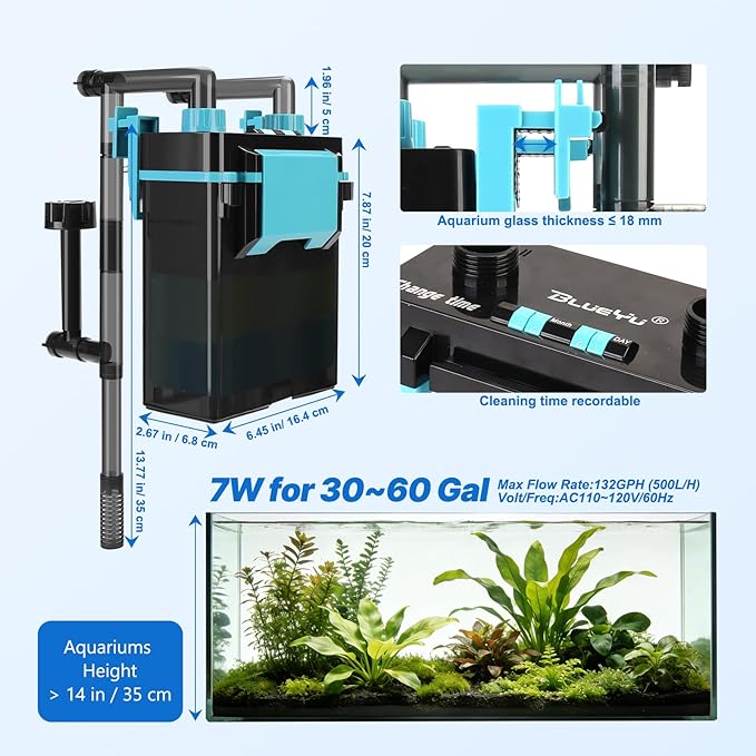 External Hang-On-Back Aquarium Filter, 4-Stage Filtration Fish Tank Filter with Oil Skimmer, Adjustable Flow & Oxygenation, Duckbill Nozzle & Shower Spray Bar, Power Filter for 30-60 Gallon