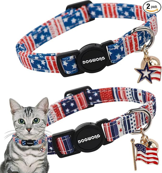 2 Pack Independence Cat Collars,Pink American Flag Cat Collar with Bell Breakaway Adjustable for 4th of July Independence Day，Adjustable Kitten Collar 7-12 Inch