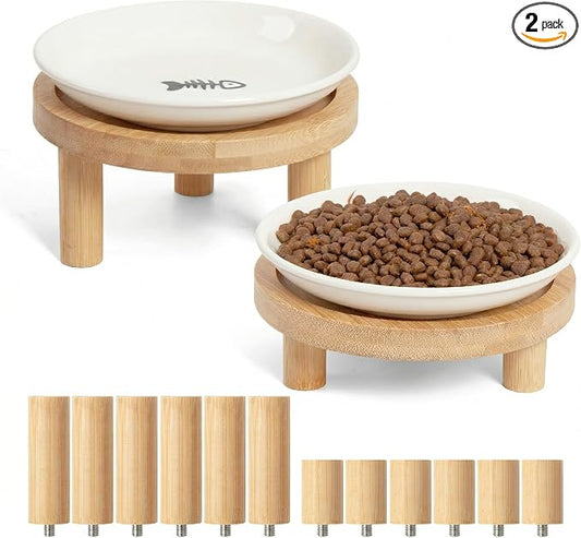 Shallow Elevated Cat Bowls, 2, White (Fish Bone), Bamboo Stand | 5.9 Inch Wide, Ceramic Dishes, Whisker Friendly, Raised Pet Food, Adjustable
