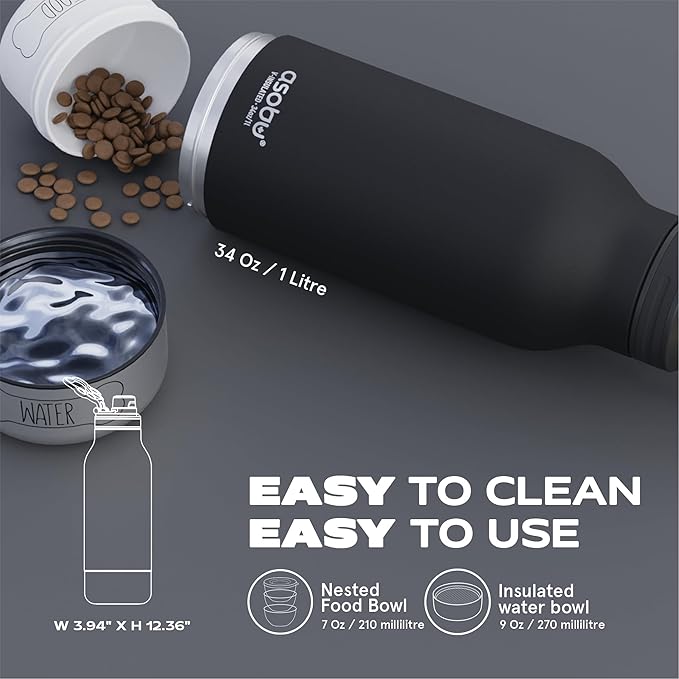 asobu Buddy Bottle a Stainless Steel Insulated Water Bottle for with Removable Dog Water Bowl and Dog Food and Treat Storage Bowl (White, 34 oz Water Bottle | 2 Bowls)