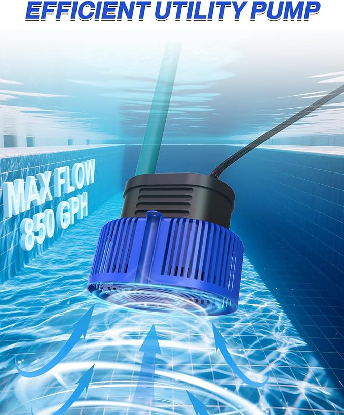 Pool Cover Pump above Ground - Submersible Water Sump Pump Swimming Water Removal Pumps, with Drainage Hose & 25 Feet Extra Long Power Cord, 850 GPH inGround, 3 Adapters