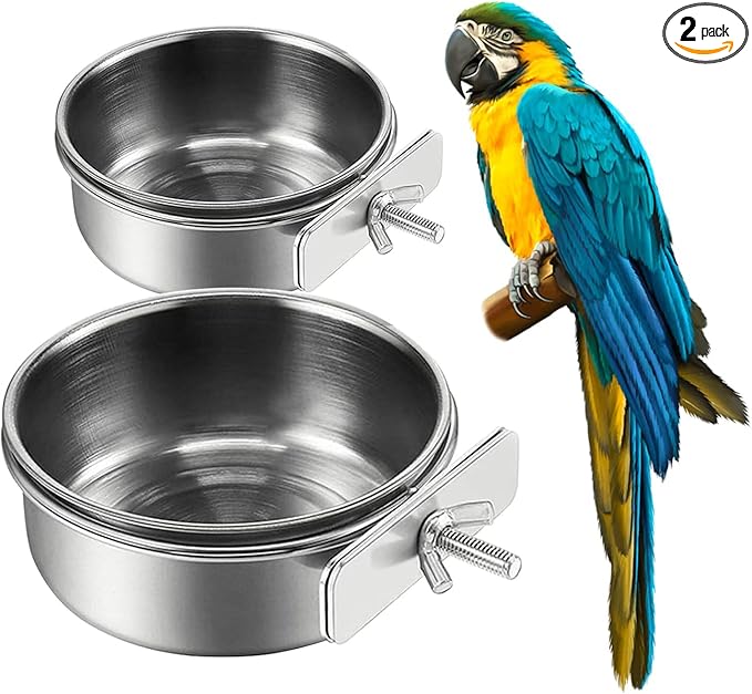 2Pcs Stainless Steel Bird Feeding Bowls, Small Bird Feeding Cup, Stainless Steel Parrot Food Bowl Cage with Holder, Parrot Cage Water Feeder, Pet Cage Cup Holder (Dia 6.3", 4.72",)