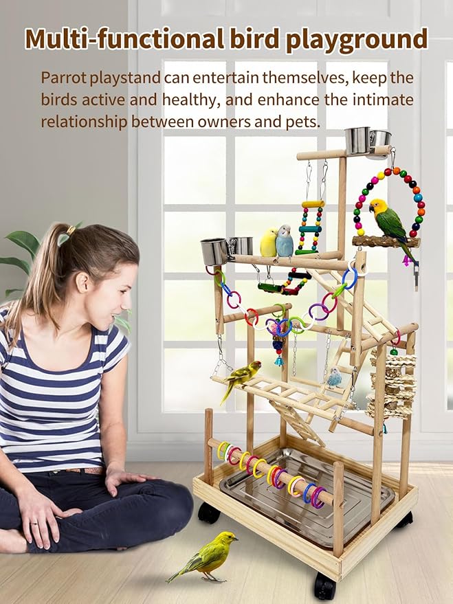 5 Layers Large Bird Playstand with Wheel, Natural Wood Parrot Playground, Parakeet Perch Stand Small Bird Playgym with Ladder Toy Accessories for Cockatiel Cockatoo Finch Budgie Lovebird