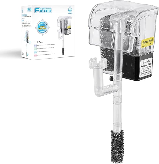 LAQUAL 5 Gallon Aquarium Filter with Surface Skimmer, Small Quiet Fish Tank Filter, Biochemical Cotton Filtration & Adjustable Water Flow, Waterfall Design for Increasing Oxygen, Hang on Back Filter