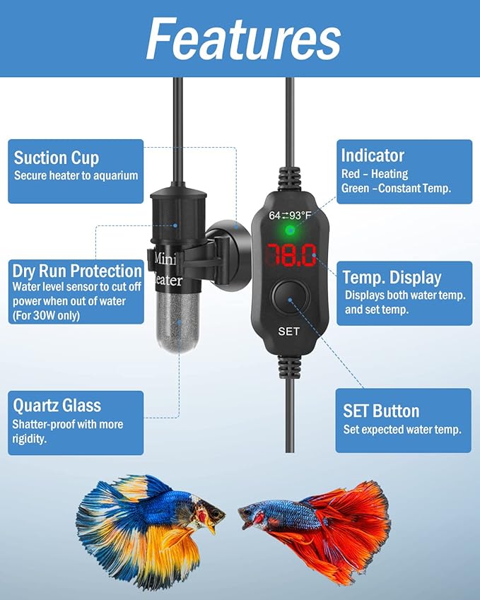 AquaMiracle Mini Aquarium Heater 30W Small Fish Tank Heater for 4-6 Gal Tanks, Digital Display Thermostat Betta Heater with Dry-Run & Overheat Protection, Memory Function