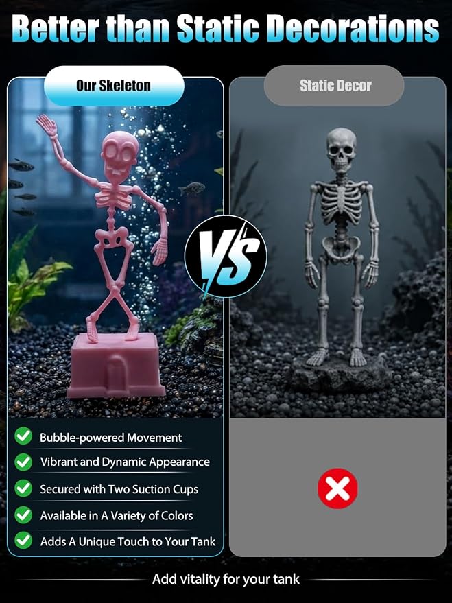 Dancing Skeleton Aquarium Bubbler, Halloween Fish Tank Decor(Pink) | Adjustable airflow with 1m hose & valve. Safe resin, for freshwater/saltwater tanks. Air pump not included.