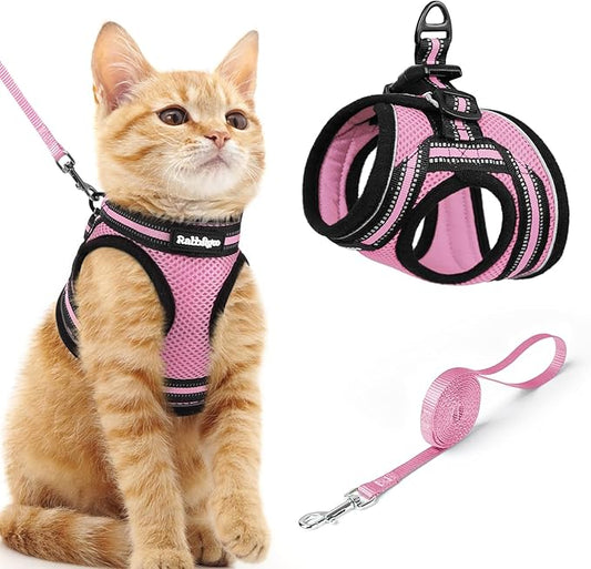 rabbitgoo Cat Harness and Leash Set for Walking Escape Proof, Adjustable Soft Kittens Vest with Reflective Strip for Cats, Comfortable Outdoor Vest, Pink, M