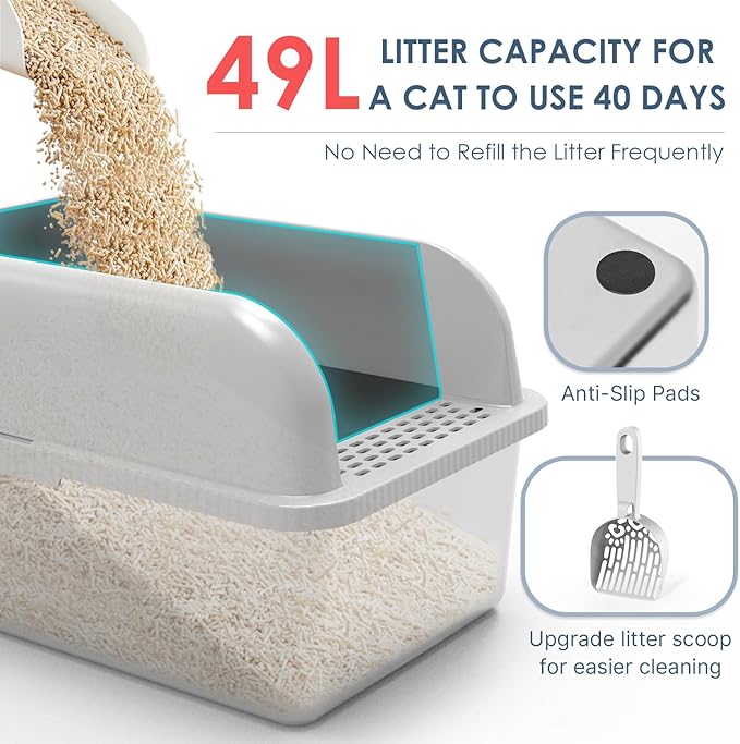 Suzzipaws 8" Deep Stainless Steel Cat Litter Box with Lid Extra Large Litter Box for Big Cats XL Metal Litter Box Pan with High Wall Sides Enclosure, Non-Sticky, Anti-Leakage, Easy Cleaning