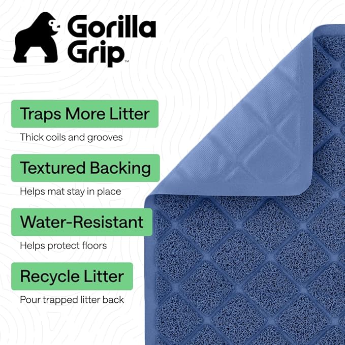 GORILLA GRIP Cat Litter Box Mat, 35x23, Cushioned Coil Mesh Litter Trapping Mats, Scatter Control Supplies for Less Mess, Phthalate Free, Ultra Deep Catch Grooves, Rinse or Vacuum to Clean, Navy Blue