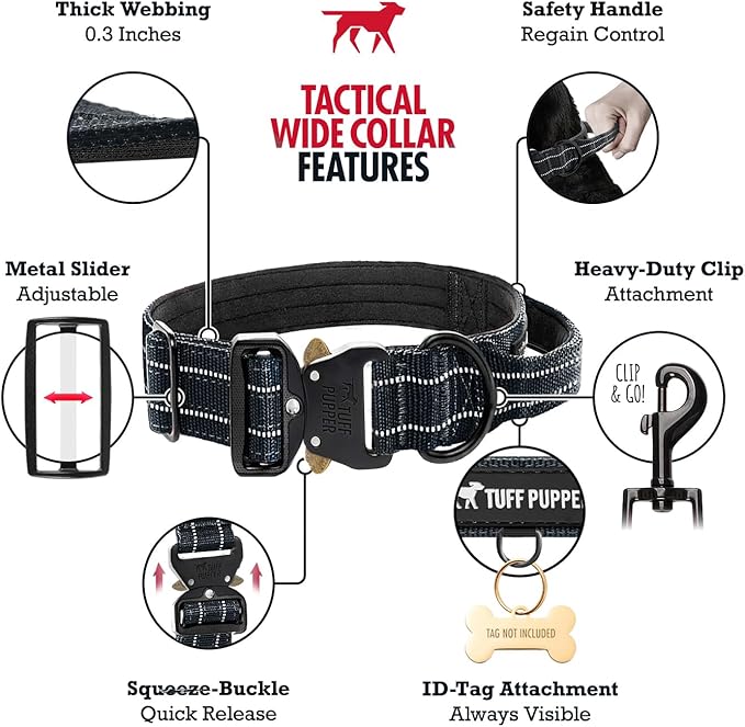 Tuff Pupper Tactical Dog Collar | Heavy Duty 1.5" Wide Ballistic Nylon | Training Control Handle | Quick-Release Metal Buckle | Reflective Bands | ID Tag Holder | Padded Inner Lining (Black, Large)