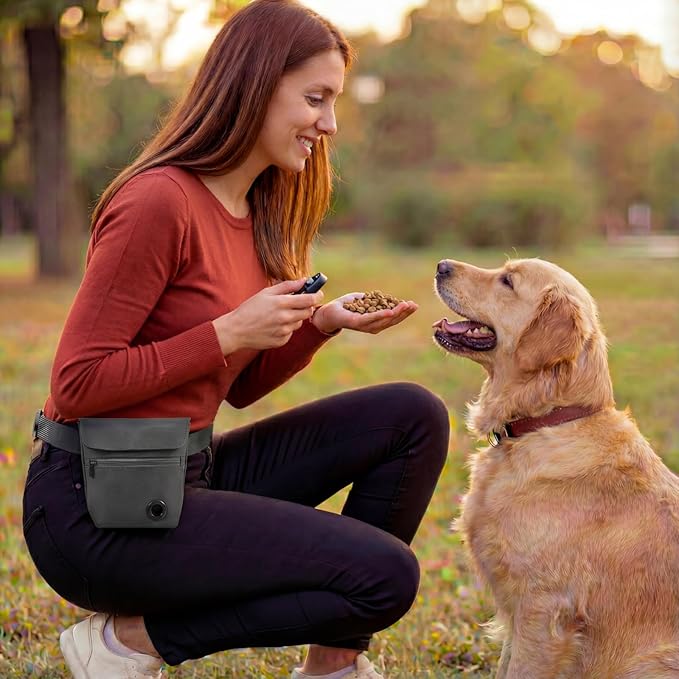 Dog Treat Pouch and Dog Training Clicker, Treat Bag with Poop Bag Dispenser, Powerful Magenetic Clasp, Metal Clip Waist Belt Fanny Pack for Pet Walk Dog Training (Dark Grey)