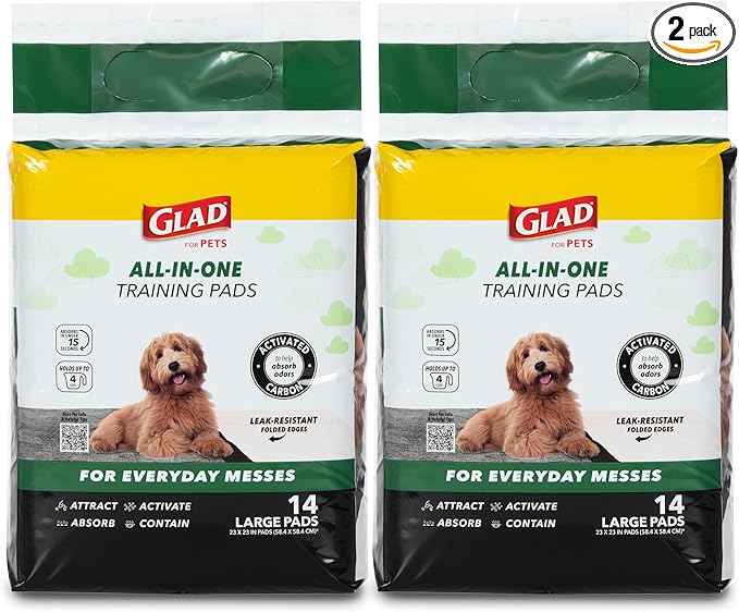 Glad for Pets Black Charcoal Puppy Pads, 23 x 23 Inch, 6-Layer Leak-Resistant Design, Activated Carbon Odor Control, Pheromone Attractant for Potty Training, 14 Count - 2 Pack