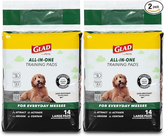 Glad for Pets Black Charcoal Puppy Pads, 23 x 23 Inch, 6-Layer Leak-Resistant Design, Activated Carbon Odor Control, Pheromone Attractant for Potty Training, 14 Count - 2 Pack