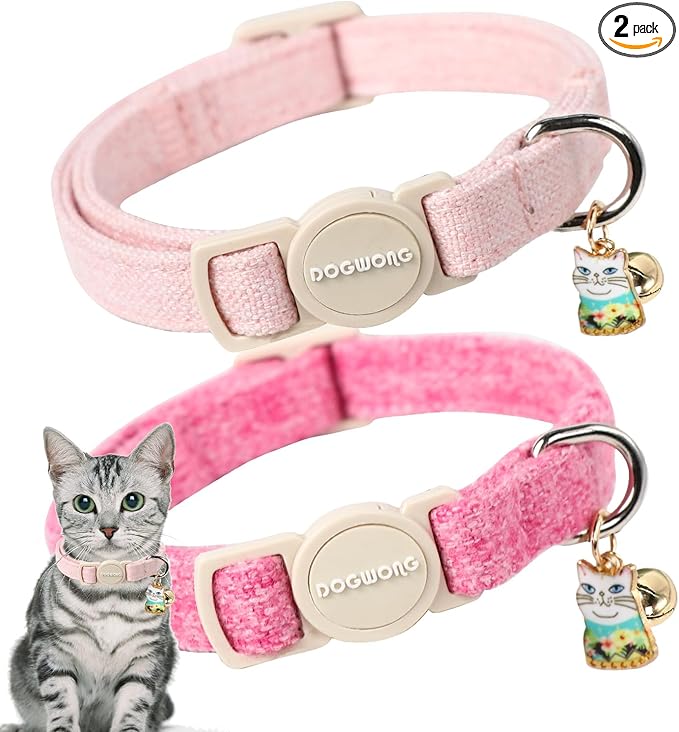 Cat Collar,2 Pack Pink Cat Collars Breakaway with Bell, DOGWONG Safety Buckle Cat Collar for Girl Boy Cats and Small Dogs，Adjustable 7-12 Inch,Pet Supplies Accessories