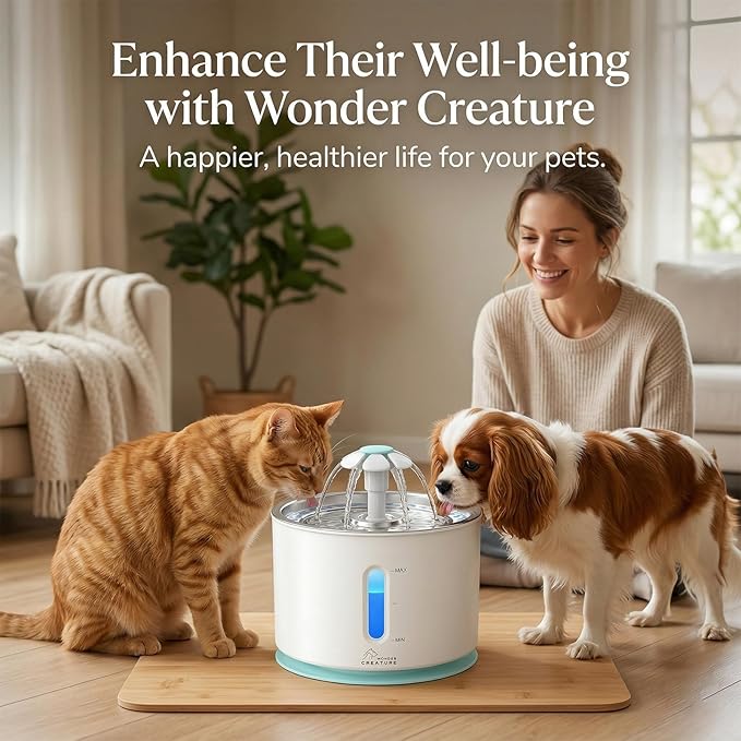 Wonder Creature Cat Water Fountain with 4 Filters & 4 Sponges, 2.4L/81oz for Multiple Cats, Stainless Steel Lid Automatic Pet Fountain with Ultra Quiet Pump, LED Light & Water Level Window