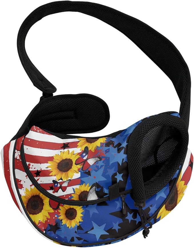 FUSURIRE American Flag Sunflower Print Small Dog Sling Cat Carrier Adjustable Strap Hands Free Pet Puppy Travel Bag Backpack for Women Girls