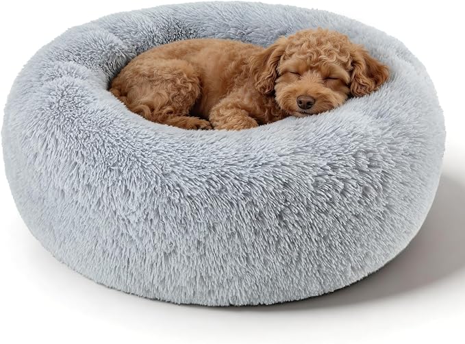 Dog Bed Calming Beds for Small Medium Dogs - Round Donut Washable Dog Bed, Anti-Slip Faux Fur Fluffy Donut Cuddler Anxiety Cat Bed(Light Grey 24")