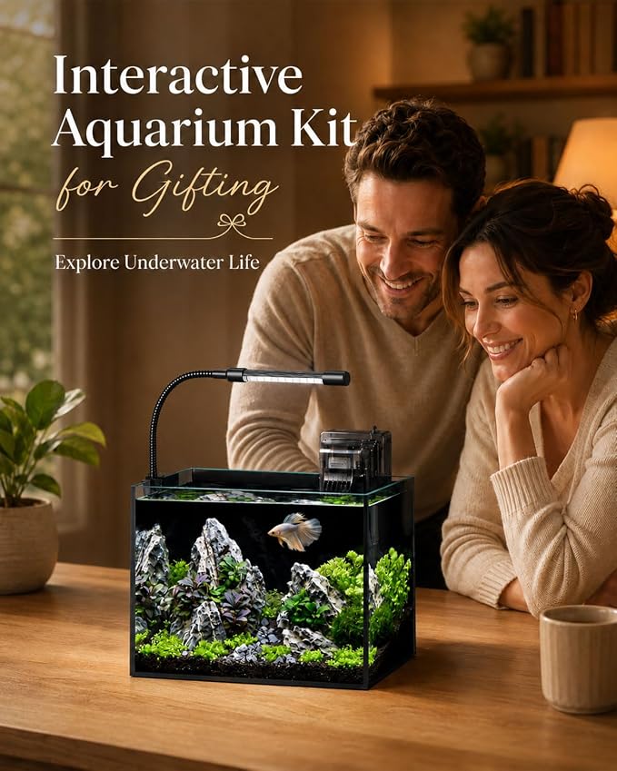 2.5 Gallon Nano Aquarium Starter Kit, Rimless Glass Fish Tank Kit | Leak-Proof Aquarium Kit with Filter, Adjustable LED Light, Lid & Mat for Betta, Goldfish, Small Fish or Shrimg