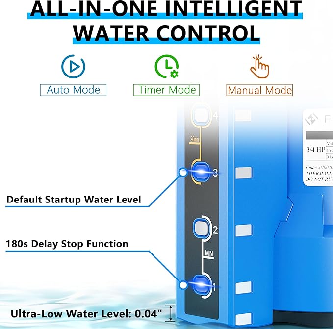 FOTING Sump Pump 3/4HP Automatic Submersible Water Pump, 2400GPH Thermoplastic Electric Portable Transfer Water Pump for Swimming Pool Garden Pond Basement with 16ft Cord, Drain Down to 0.04inch,Blue