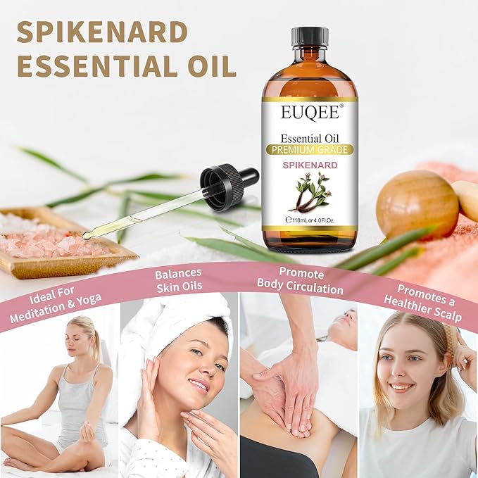 EUQEE Spikenard Essential Oil 118ml/4Fl Oz Pure Spikenard Oil Premium Essential Oil with Glass Dropper Great for Yoga, Meditation, Massage, Diffuser, DIY Soap, Candle Making, Aromatherapy, Sleep
