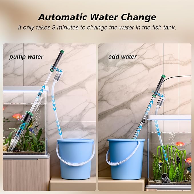 AKKEE Aquarium Vacuum Gravel Cleaner, 36W Electric Fish Tank Cleaner Vacuum, 8 in 1 Multifunctional Aquarium Cleaner for Automatic Water Change, Wash Sand, Water Circulation and Timed Off