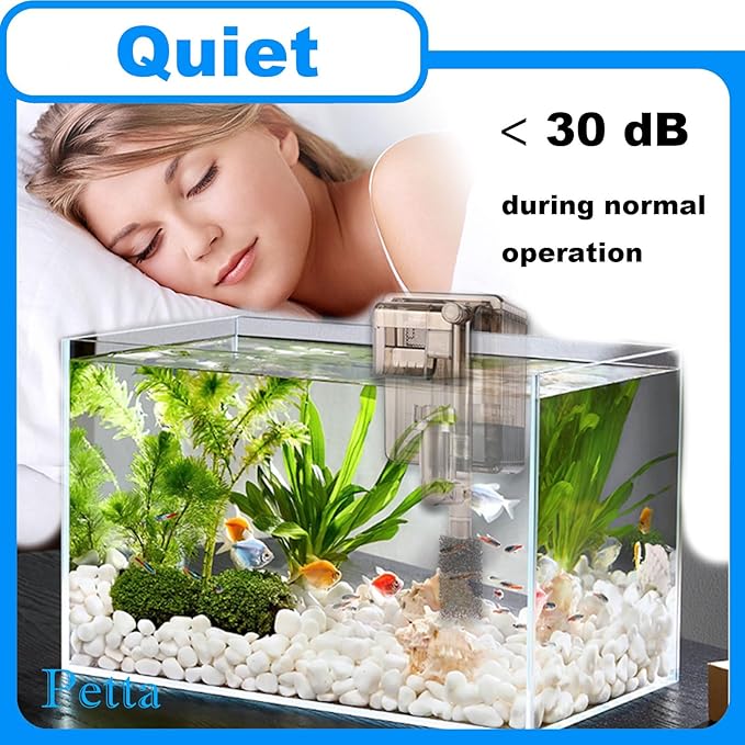 Slim Aquarium Filter with Surface Skimmer,Quiet Hang on Back Fish tank Filter (A-1) for 1-10 Gal Aquariums, 53GPH(200L/H), 3W, 1 Pre-filter Sponge, 1 Filter Pad