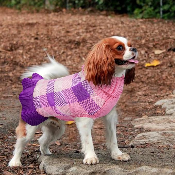 Dog Sweater Dress Plaid Knitwear for Small Medium Dogs Warm Puppy Pet Turtleneck Stretch Pullover Cute Fall Winter Vest Clothes with Leash Hole for Christmas (Purple, L)