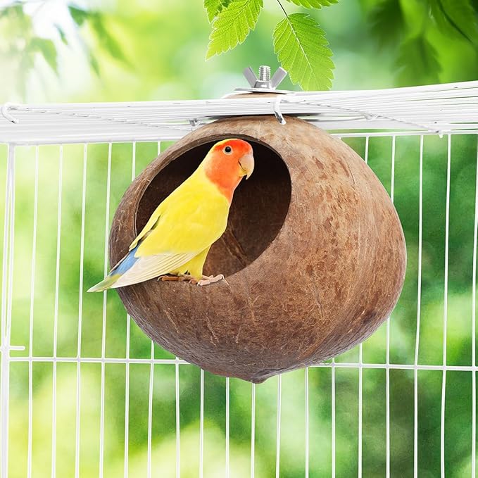 POPETPOP Natural Coconut Fiber Hanging Birdhouse for Cage - Coconut Shell Pet Bird Nest, Hanging Bird Breeding Nest for Parrot Parakeet Lovebird Finch Canary