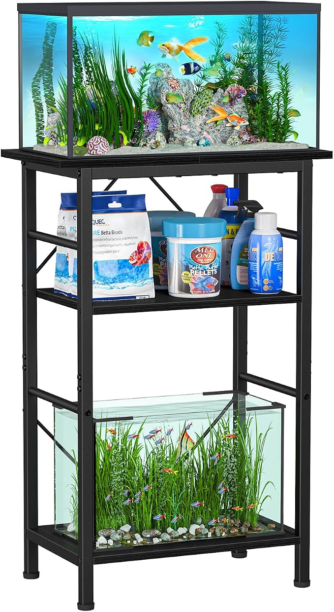 Snughome 5-10 Gallon Aquarium Stand, 3 Tier Fish Tank Stand with Storage, Fish Tank Stand with Metal Frame, Reptile Turtle Tank Stand for Home Office, 20.47" x 11.02" x 30.52", Black