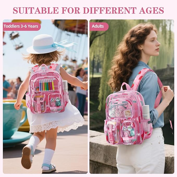 Mini Clear Backpack for Stadium Approved 12x6x12, Small Transparent Backpacks Plastic See Through Clear Bag for Kids Girls Women for Sporting Event, Concerts, Work, Festival (Strawberry)