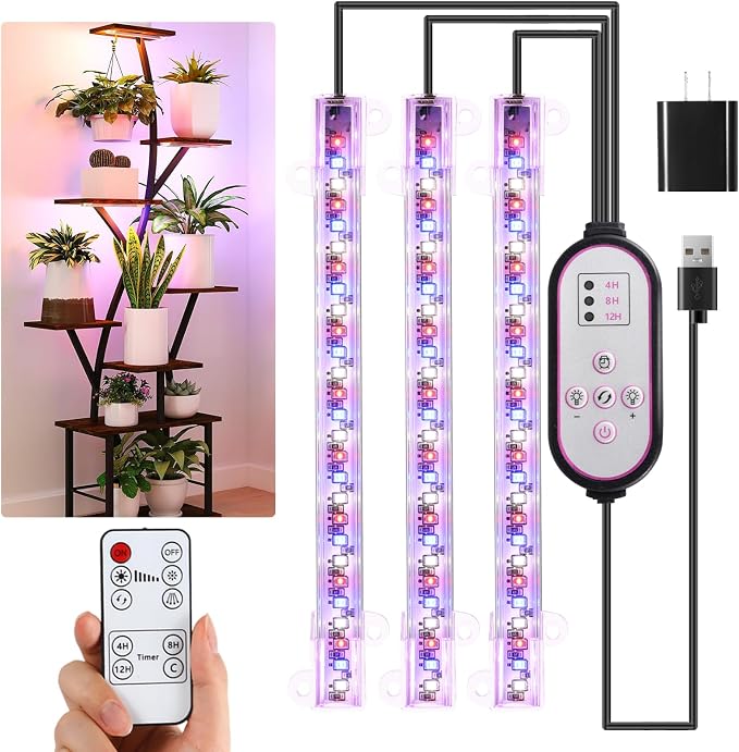 Hywyimlait 7.8'' LED Grow Light Strips, Grow Lamps for Indoor Plants Full Spectrum, Plant Light with 4/8/12H Timer, 10 Dimmable Levels for Seedling Succulent,Best Match for Plant Shelf, 3 Head