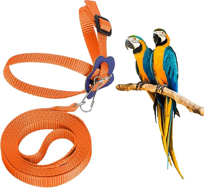 Bird Harness and Leash, 120cm Pet Parrots Adjustable Nylon Anti‑Bite Training Rope for Outdoor Flying Parrot Harness Leash Training Supplies for Parrots Alexandrine, Scarlet, Keck, Mini Macaw(Orange)