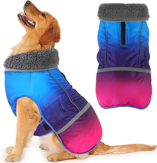 Dogcheer Warm Dog Coat, Waterproof Dog Winter Jacket Christmas Puppy Cold Weather Coats with Buckle, Reflective Adjustable Pet Snow Jacket for Small Medium Large Dogs - Gradient Blue-red, L