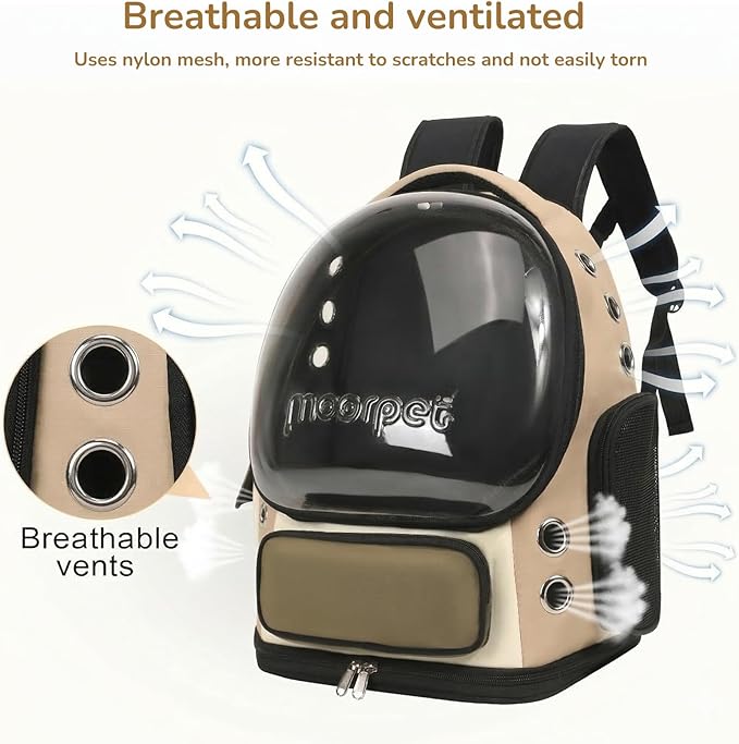 Cat Bubble Backpack Carrier, TSA Airline Approved Pet Travel Bag for Small Medium Dogs, Clear Hiking Camping Backpack for Cats, Kitten and Puppy up to 18 lbs, Khaki Bubble