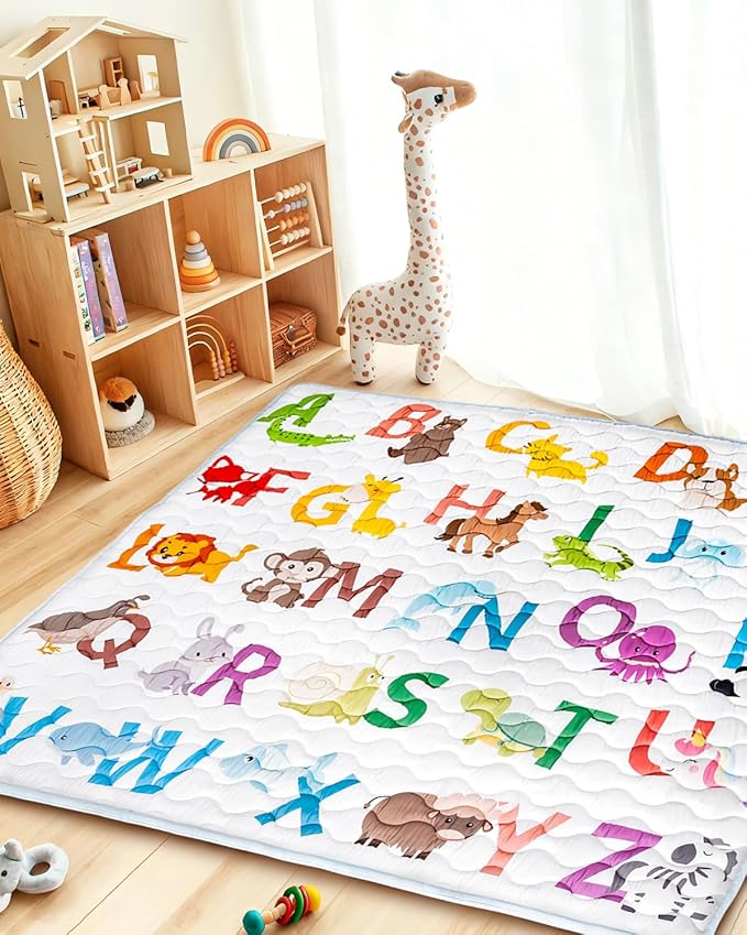 Baby Play Mat, 71x79 Mat with Super Soft Touch, Activity Mat with Upgraded Anti-Slip Bottom, Machine Washable Crawling Mat for Floor & Picnic(Animal Alphabets)